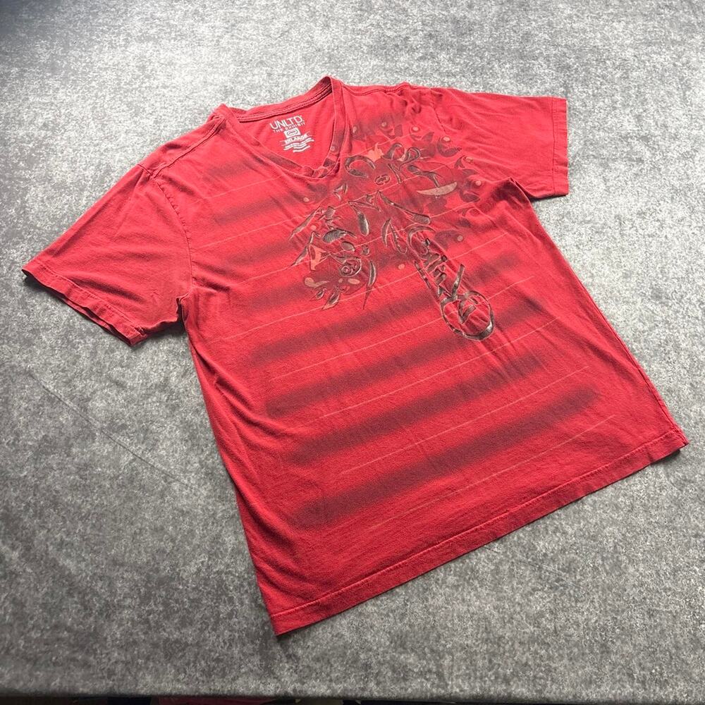 Ecko Unltd Red Tonal Graphic Striped V Neck T Shirt Mens 2XL Y2K Streetwear